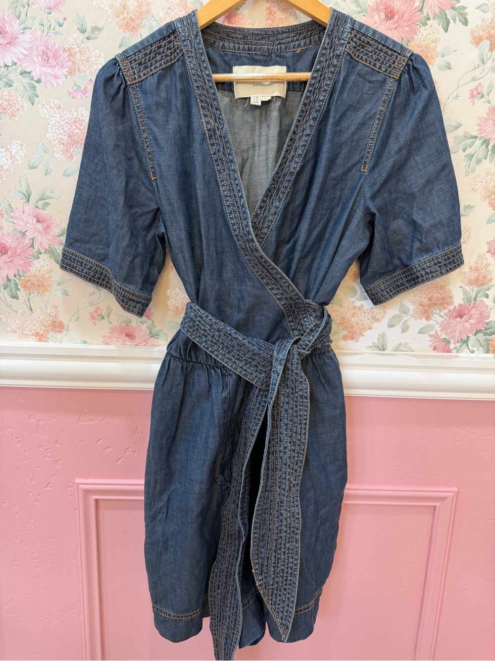 Jumpsuit Denim Wrap Dress with Waist Tie - Blue